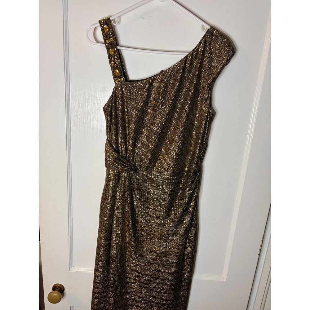 David Meister Stunning Gold Metallic Dress Beaded Accent Evening Formal